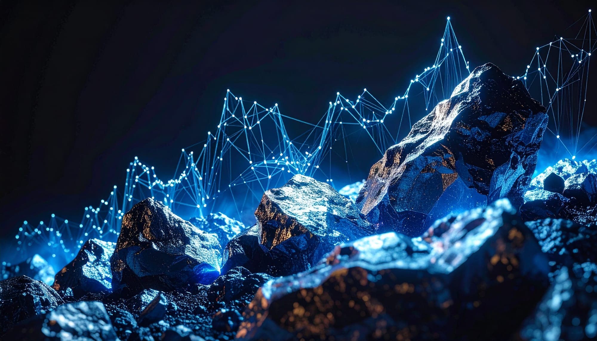 Glowing network of nodes and lines mapped over dark mountain peaks