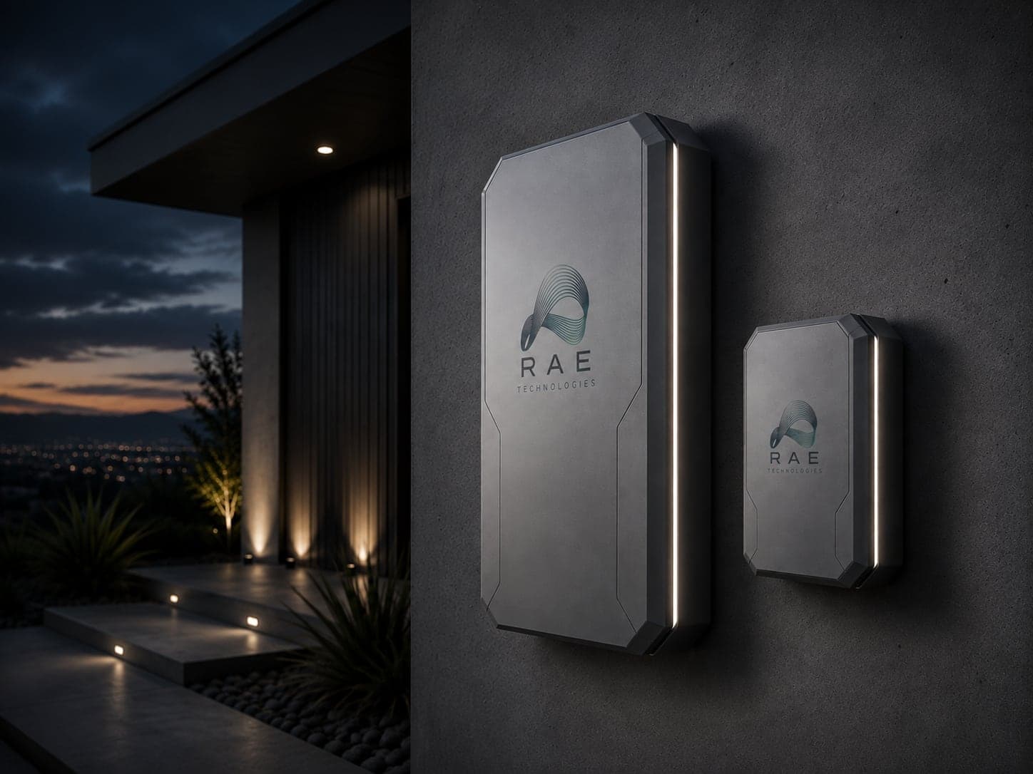 RAE Charge and RAE Connect mounted side by side on an exterior wall at dusk
