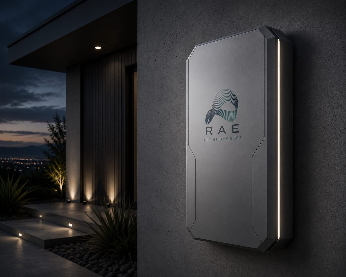 RAE Charge energy storage unit mounted on an exterior wall at dusk