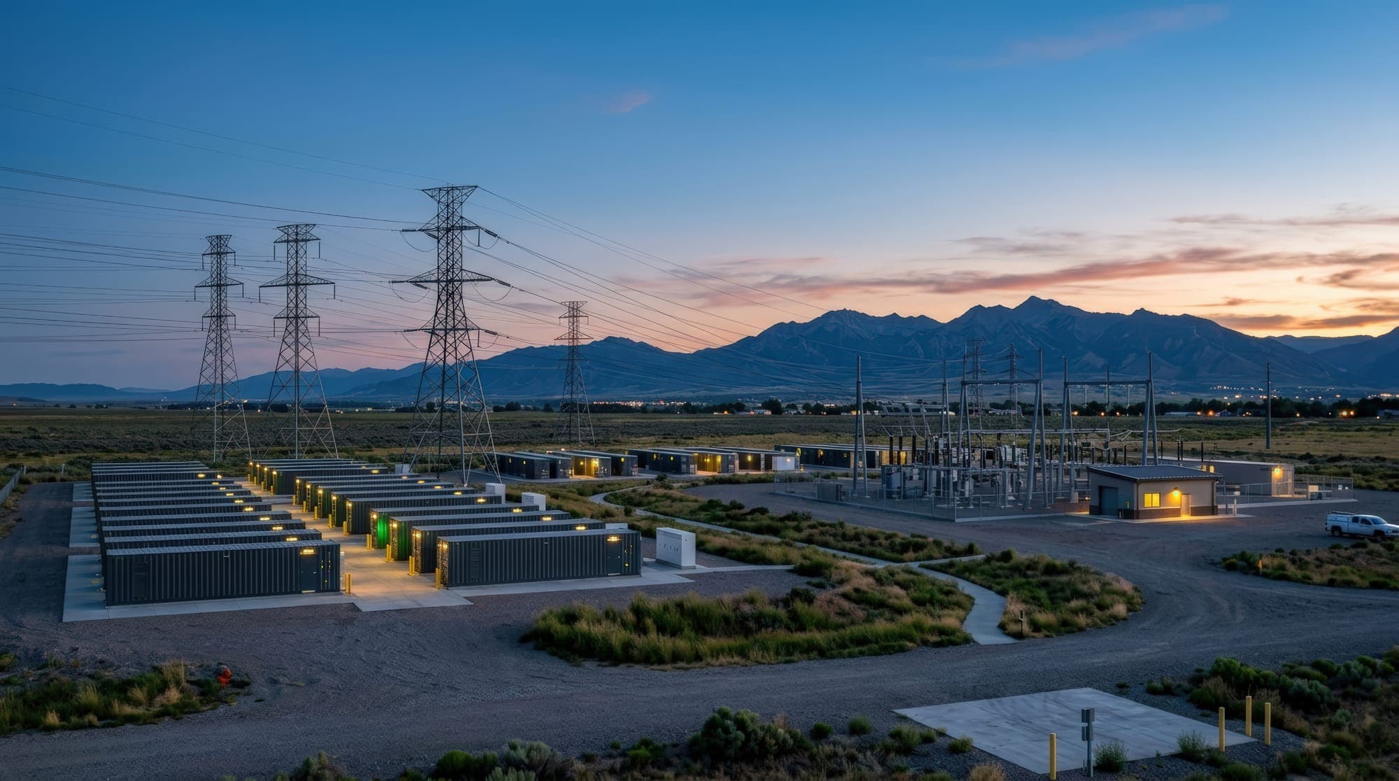 Substation and battery storage containers at dusk with transmission towers and mountains behind