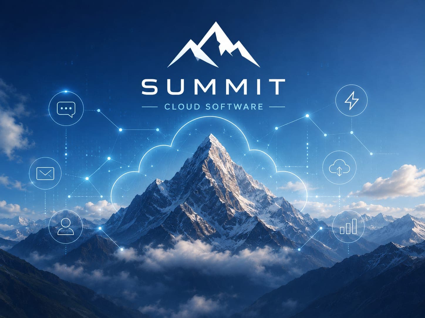Summit cloud software visual with a mountain peak and connected service icons