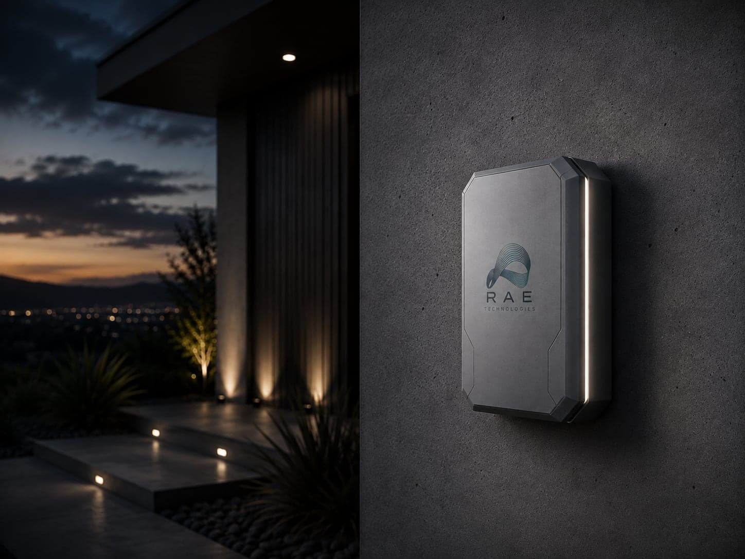 RAE Connect gateway on an exterior wall at dusk